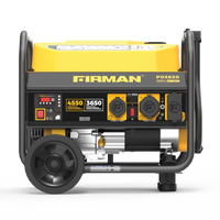 A FIRMAN Power Equipment gas portable generator 4550W with recoil start and yellow casing, displaying its control panel and wheel kit, set against a light striped background, ideal for backup power.