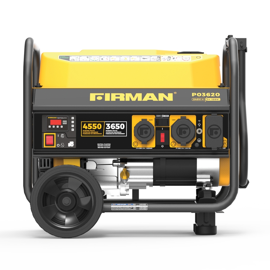A FIRMAN Power Equipment gas portable generator 4550W with recoil start and yellow casing, displaying its control panel and wheel kit, set against a light striped background, ideal for backup power.