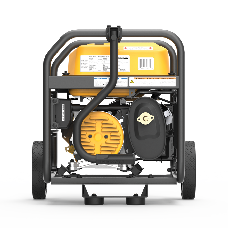 Rear view of a FIRMAN Power Equipment Gas Portable Generator 4550W Recoil Start 120/240V on a metal frame with wheels, showing the engine and various components, ideal for backup power.