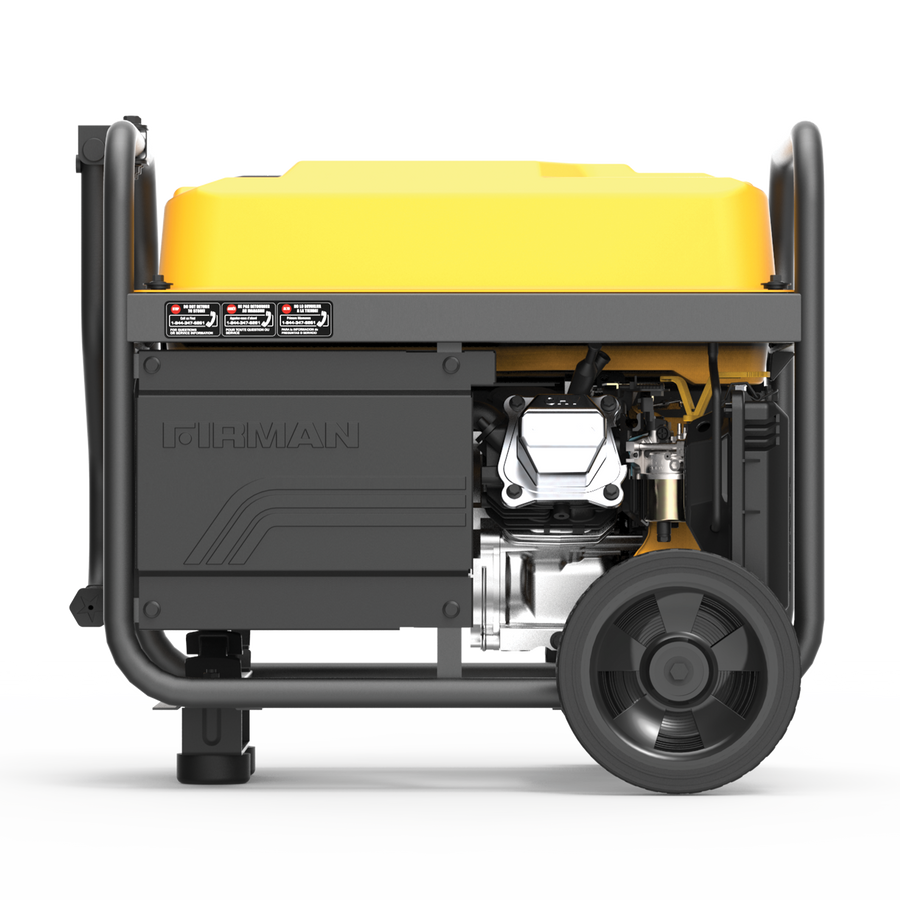 A close-up of a FIRMAN Power Equipment Gas Portable Generator 4550W Recoil Start 120/240V.