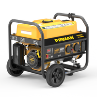 A yellow and black FIRMAN Power Equipment Gas Portable Generator 4550W Recoil Start 120/240V with wheels, featuring control panel and multiple outlets, ideal for camping.