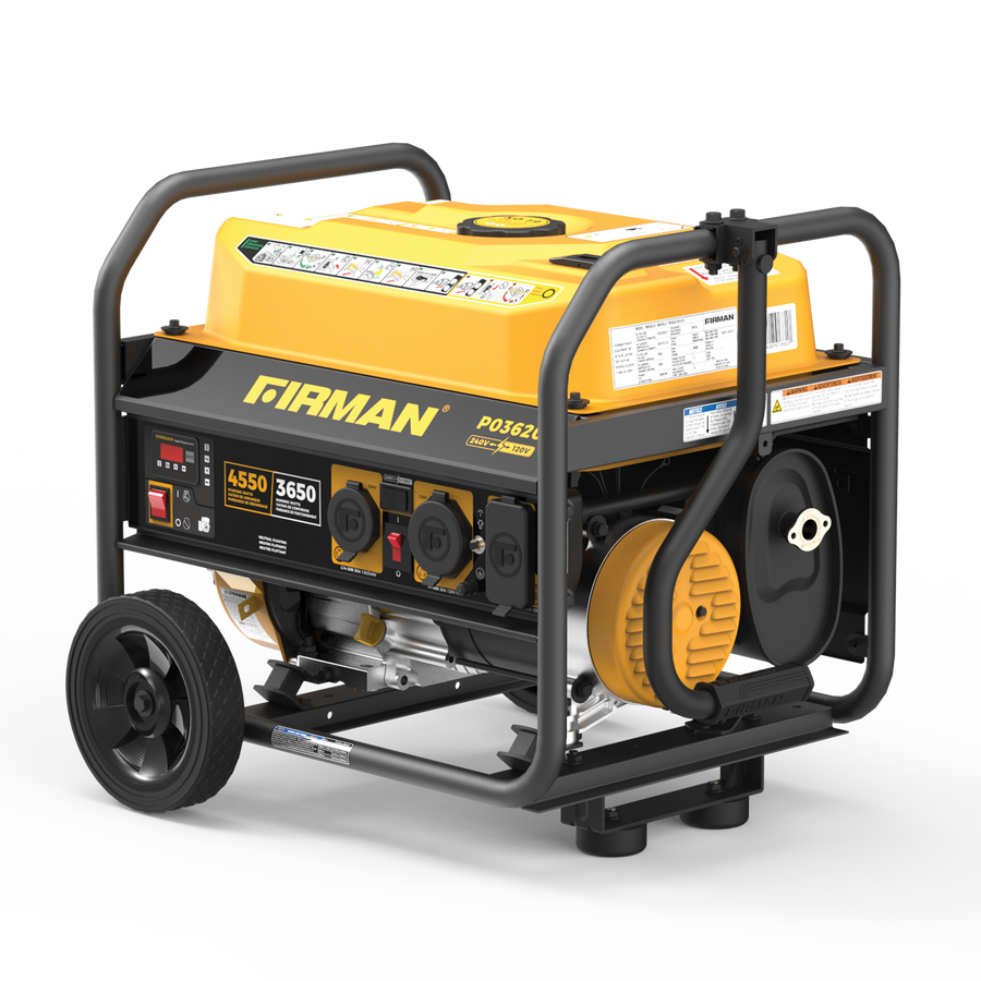 A yellow and black FIRMAN Power Equipment Gas Portable Generator 4550W Recoil Start 120/240V.
