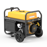 A FIRMAN Power Equipment gas portable generator 4550W with recoil start, on wheels with a large yellow fuel tank and a black frame, featuring visible engine parts and control panels.