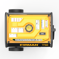 Top view of a yellow and black FIRMAN Power Equipment Gas Portable Generator 4550W Recoil Start 120/240V model p03620 with labels and control panel visible, ideal for camping.