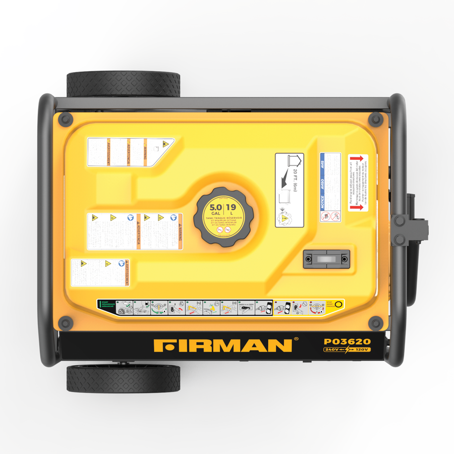 Top view of a yellow and black FIRMAN Power Equipment Gas Portable Generator 4550W Recoil Start 120/240V model p03620 with labels and control panel visible, ideal for camping.