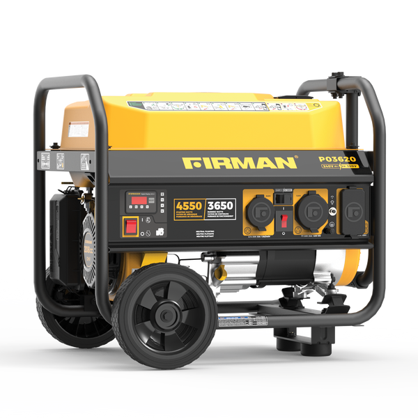 Yellow and black FIRMAN Power Equipment Gas Portable Generator 4550W Recoil Start 120/240V on wheels, featuring control panel with power outlets and dials.