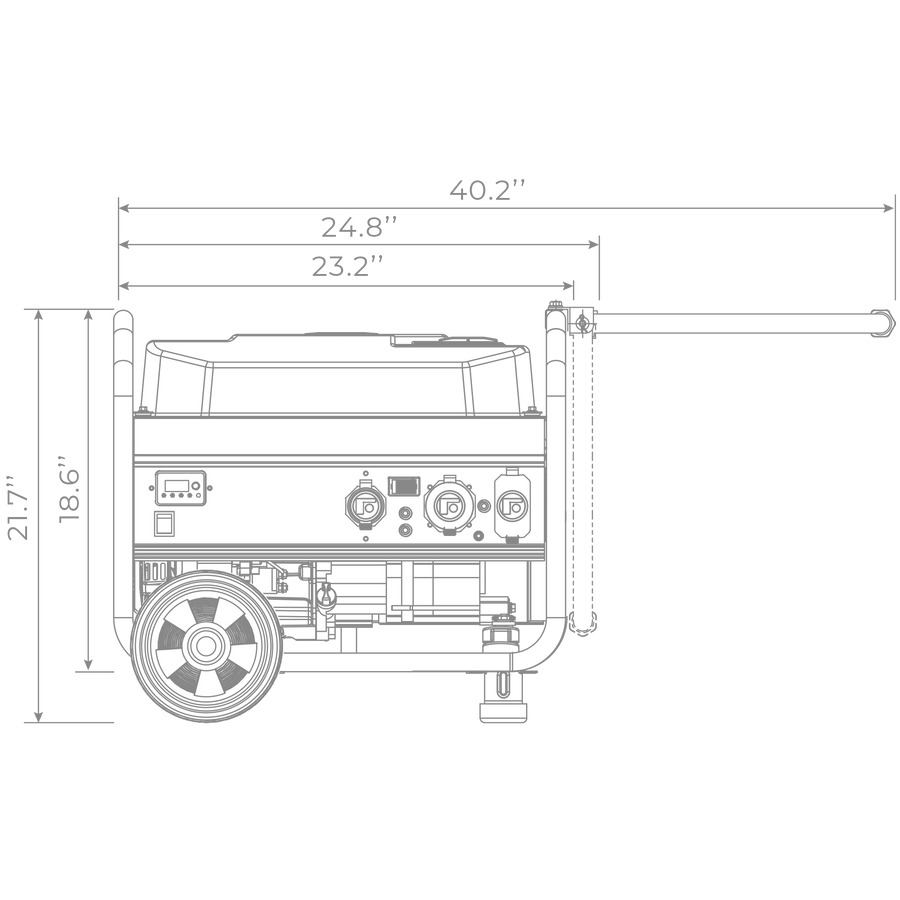 Technical line drawing of a FIRMAN Power Equipment Gas Portable Generator 4550W Recoil Start 120/240V with dimensions labeled, ideal for camping, viewed from the side.