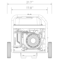 Technical line drawing of a FIRMAN Power Equipment Gas Portable Generator 4550W Recoil Start 120/240V with labeled dimensions, showing internal components and wheels.