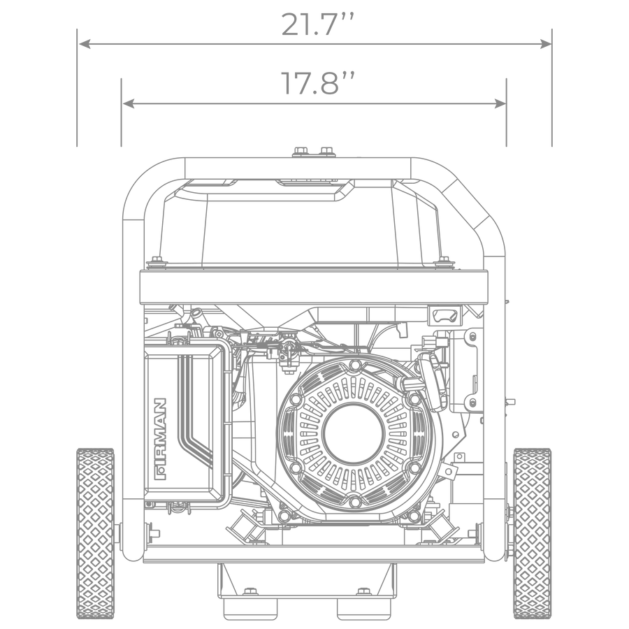 Technical line drawing of a FIRMAN Power Equipment Gas Portable Generator 4550W Recoil Start 120/240V with labeled dimensions, showing internal components and wheels.