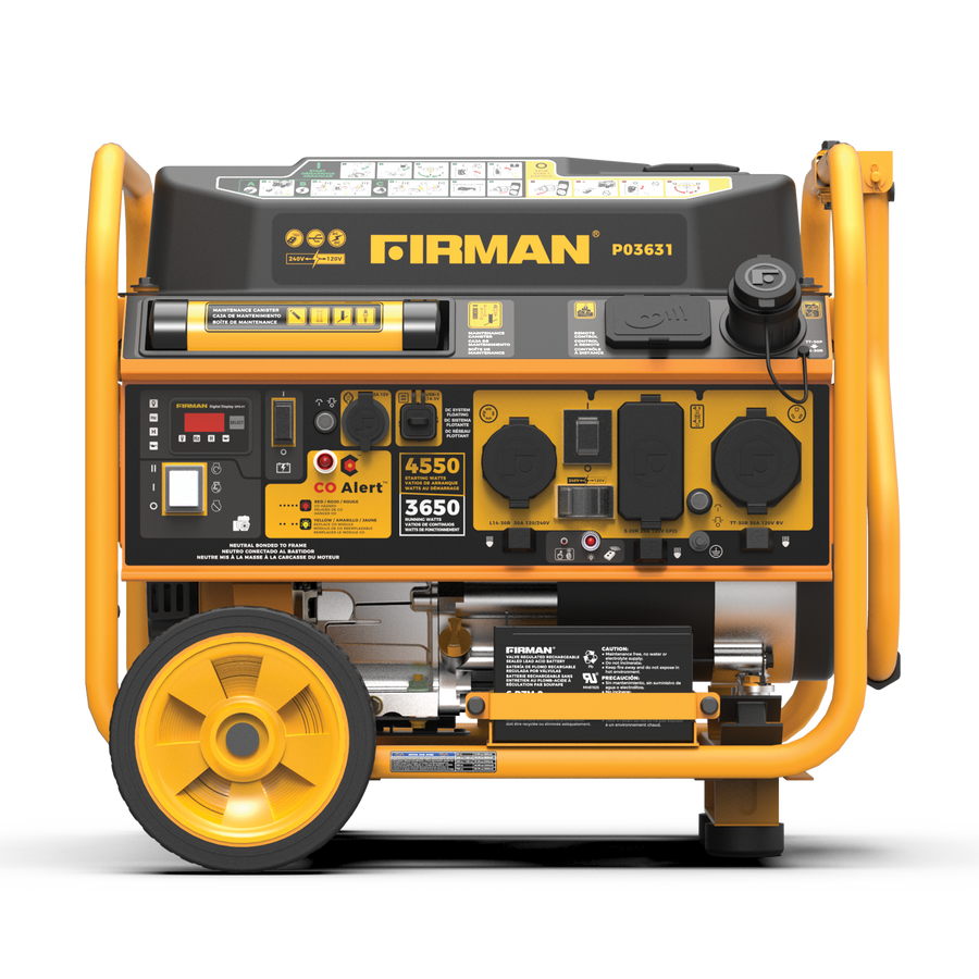 Yellow FIRMAN Power Equipment Gas Portable Generator 4550W Remote Start 120/240V with CO alert, featuring control panel with various outlets and gauges.