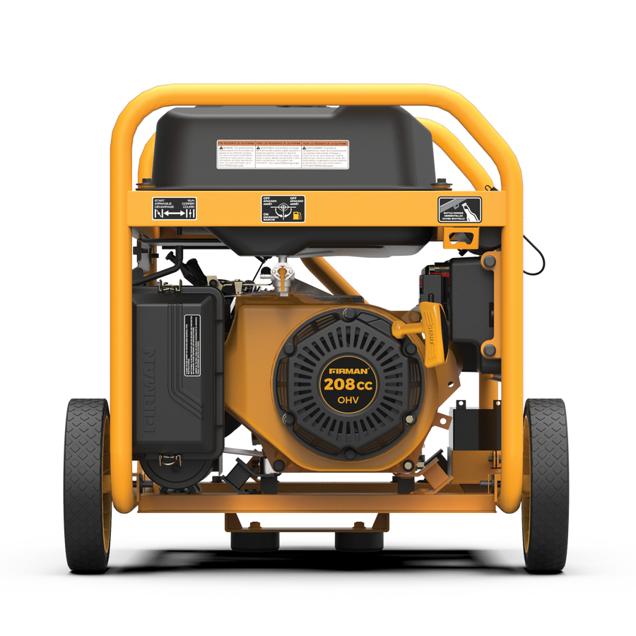 Front view of a yellow FIRMAN Power Equipment P03631 generator with black detailing, featuring a 208cc OHV engine mounted on a frame with wheels.