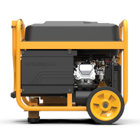 Portable yellow FIRMAN Power Equipment P03631 generator on wheels, side view displaying engine components and brand logo "FIRMAN