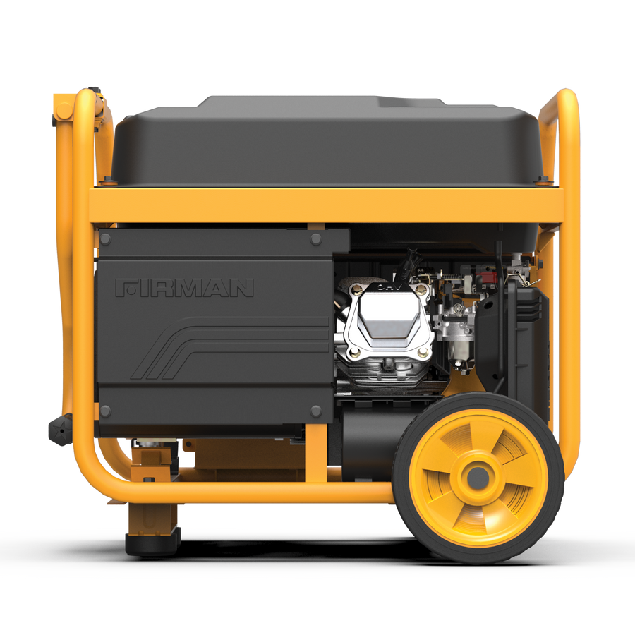 Portable yellow FIRMAN Power Equipment P03631 generator on wheels, side view displaying engine components and brand logo "FIRMAN