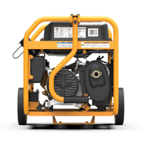 A portable FIRMAN Power Equipment Gas Portable Generator 4550W Remote Start 120/240V with CO alert with a protective yellow frame and wheels, viewed from the front.