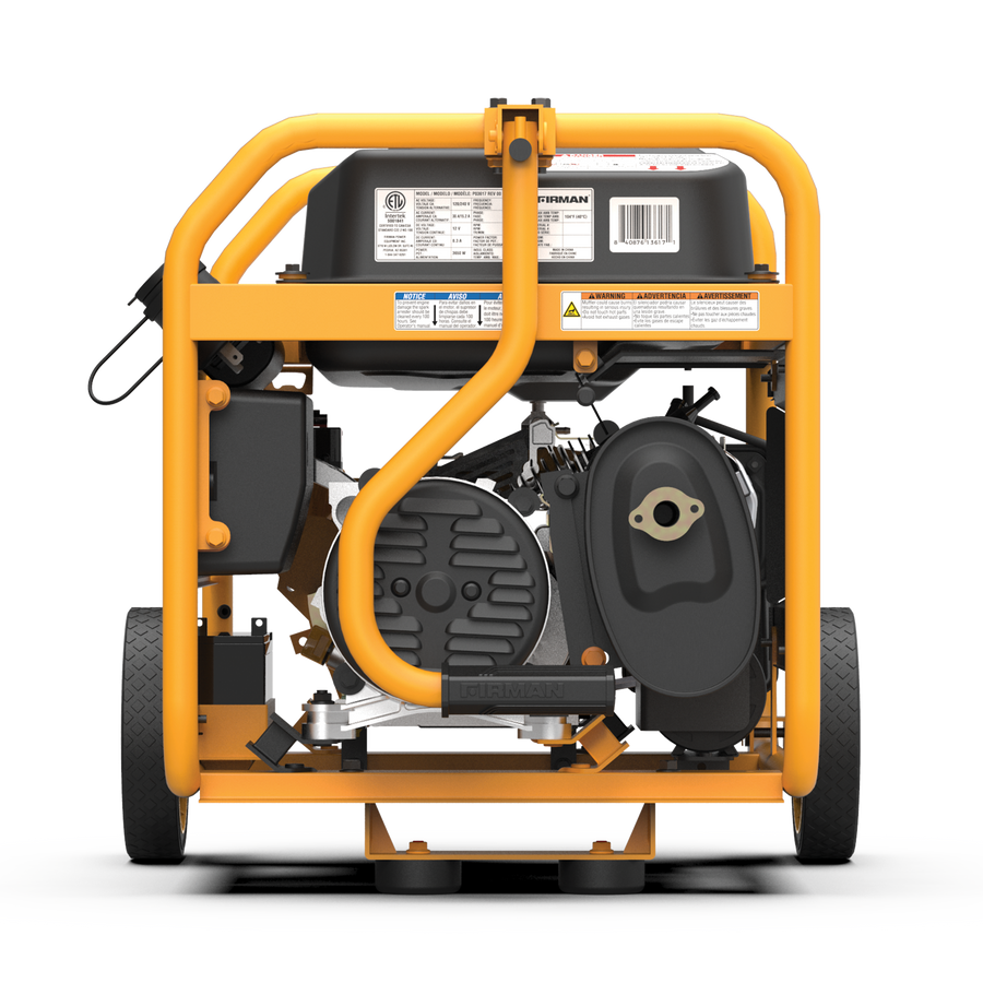 A portable FIRMAN Power Equipment Gas Portable Generator 4550W Remote Start 120/240V with CO alert with a protective yellow frame and wheels, viewed from the front.