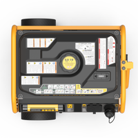 Top view of a yellow and black FIRMAN Power Equipment Gas Portable Generator 4550W Remote Start 120/240V with CO alert with multiple labels and safety instructions.