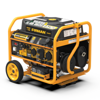 Portable FIRMAN Power Equipment P03631 gasoline generator on a yellow frame with wheels, featuring a remote start system, various power outlets, and control switches.