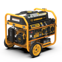 A portable FIRMAN Power Equipment P03631 gas-powered generator with a yellow frame and black body, featuring a remote start system, wheels, and a 208cc engine.