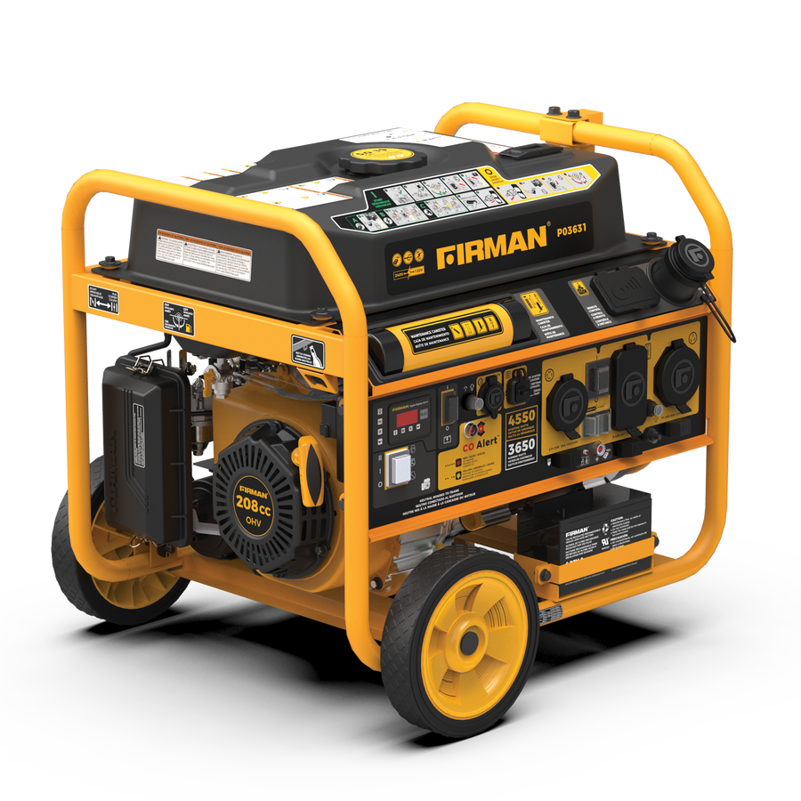 A portable FIRMAN Power Equipment P03631 gas-powered generator with a yellow frame and black body, featuring a remote start system, wheels, and a 208cc engine.