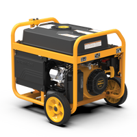 A portable yellow and black FIRMAN Power Equipment Gas Portable Generator 4550W Remote Start 120/240V with CO alert with wheels, housed within a protective metal frame.