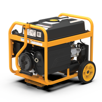 Portable industrial generator encased in a yellow frame with a black tank and wheels, featuring the FIRMAN Power Equipment Gas Portable Generator 4550W Remote Start 120/240V with CO alert system, set against a striped background.