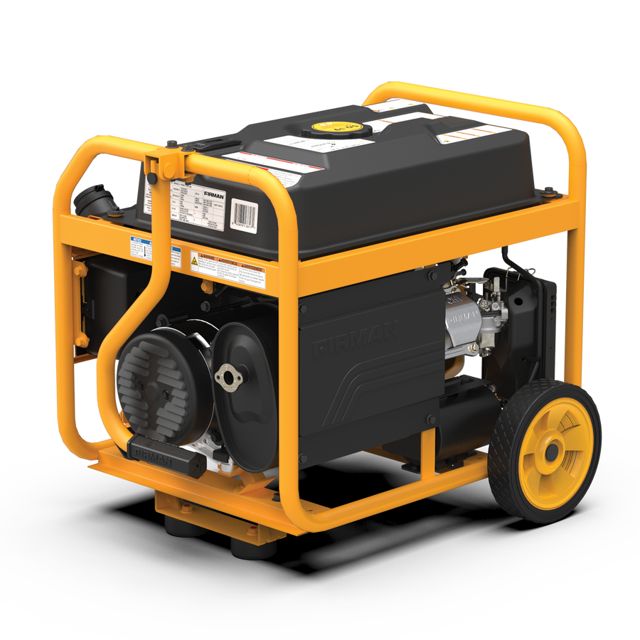 Portable industrial generator encased in a yellow frame with a black tank and wheels, featuring the FIRMAN Power Equipment Gas Portable Generator 4550W Remote Start 120/240V with CO alert system, set against a striped background.