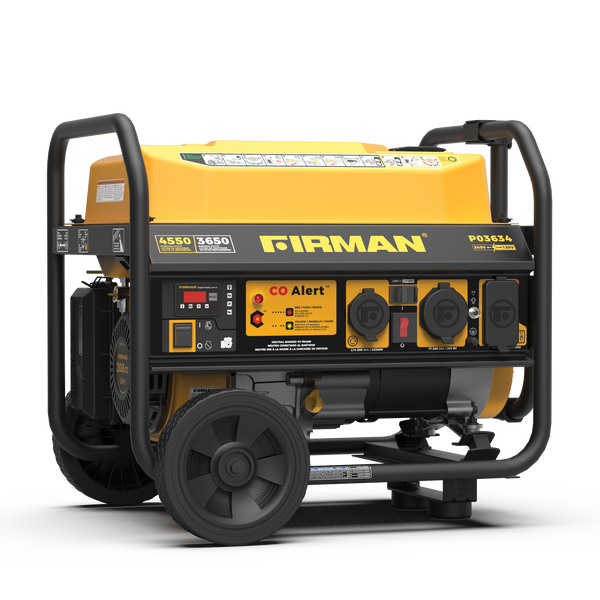 Portable FIRMAN Power Equipment P03634 generator featuring large wheels, control panel with various outlets, and CO Alert technology on a yellow body.
