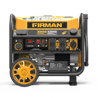 A FIRMAN Power Equipment gas portable generator 5000W remote start 120V, featuring a yellow and black color scheme, multiple outlets, and mounted on wheels.