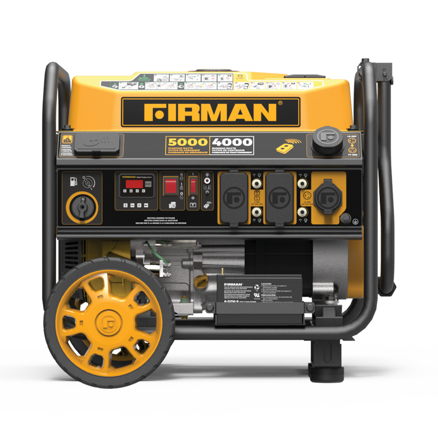 A FIRMAN Power Equipment gas portable generator 5000W remote start 120V, featuring a yellow and black color scheme, multiple outlets, and mounted on wheels.