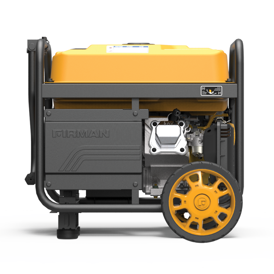 Portable FIRMAN Power Equipment Gas Portable Generator 5000W Remote Start 120V on wheels, with visible engine and controls, against a striped grey background.