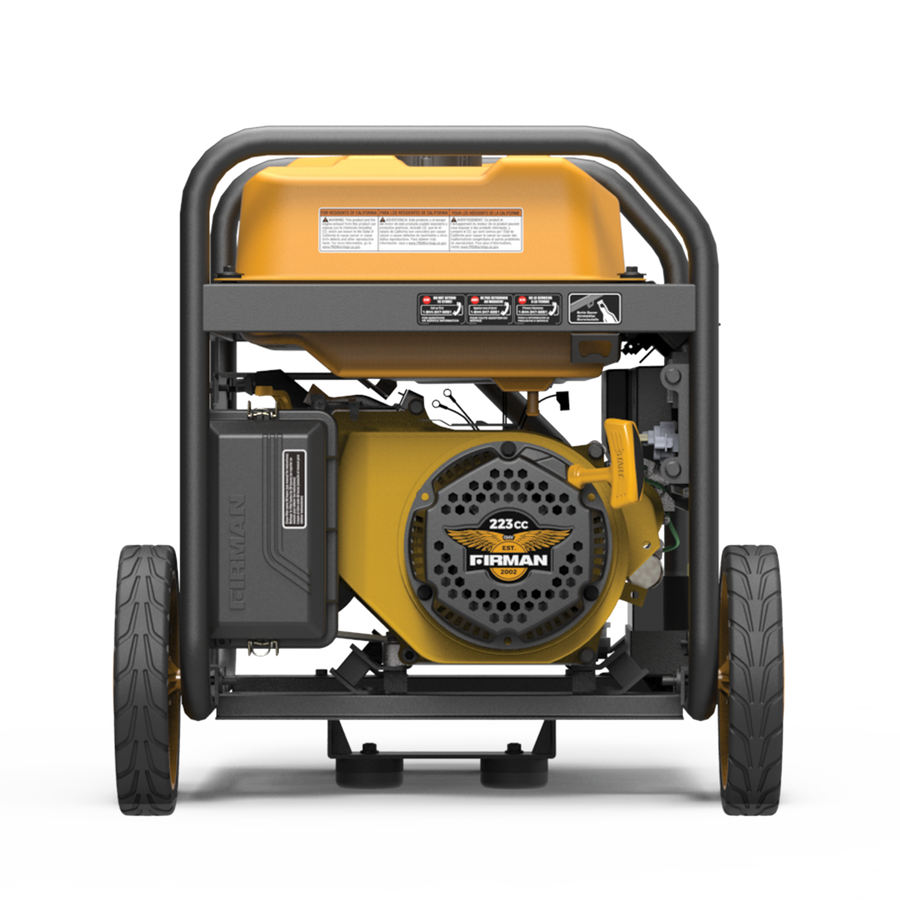 Front view of a yellow and black FIRMAN Power Equipment Gas Portable Generator 5000W Remote Start 120V on a frame with wheels, displaying control panel and engine details.