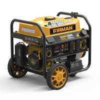 Yellow and black FIRMAN Gas Portable Generator 5000W Remote Start 120V, featuring wheels and protective frame, on a white background.