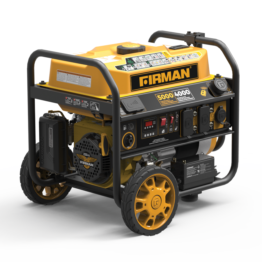 Yellow and black FIRMAN Gas Portable Generator 5000W Remote Start 120V, featuring wheels and protective frame, on a white background.