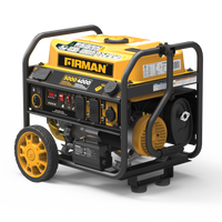 Portable FIRMAN gas generator 5000W with remote start and yellow and black casing, featuring multiple outlets and control panel, displayed on a white background.