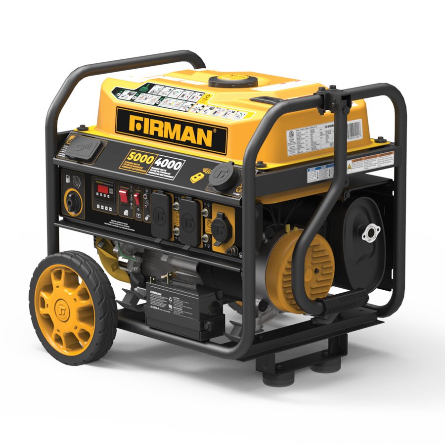Portable FIRMAN gas generator 5000W with remote start and yellow and black casing, featuring multiple outlets and control panel, displayed on a white background.