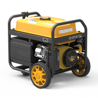 Portable gas generator with yellow and black design, featuring wheels and sturdy frame for mobility, ideal as backup power. FIRMAN Power Equipment Gas Portable Generator 5000W Remote Start 120V
