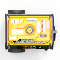 Top view of a yellow FIRMAN Power Equipment Gas Portable Generator 5000W Remote Start 120V with various control labels, meters, and outlets visible on its surface, designed for backup power.