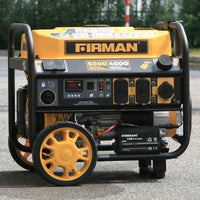 A yellow and black FIRMAN Power Equipment gas portable generator 5000W remote start 120V on wheels, featuring various outlets and control settings on its front panel, designed for optimal power output and reliable backup power.