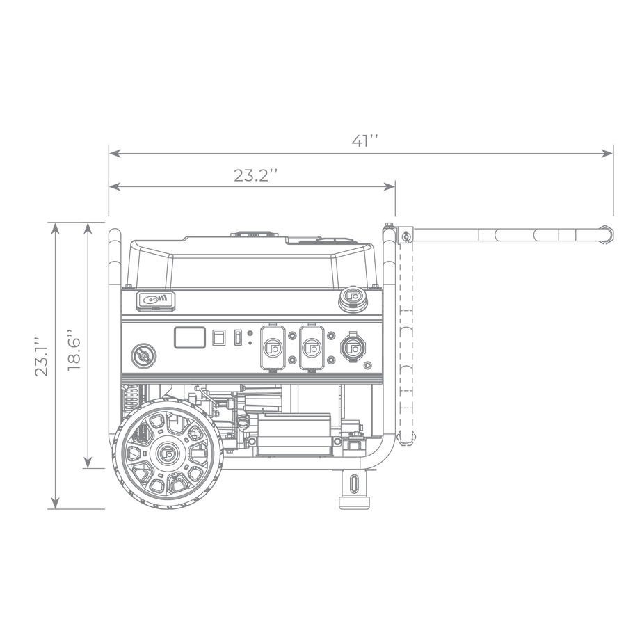 Technical drawing of a FIRMAN Power Equipment gas portable generator 5000W remote start 120V showing side profile dimensions: 41 inches in length, 23.2 inches in width, and 23.7 inches in height.