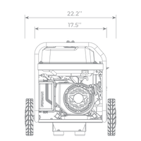 Technical line drawing of a FIRMAN Power Equipment Gas Portable Generator 5000W Remote Start 120V with detailed dimensions, top-down view showcasing internal components and wheels.