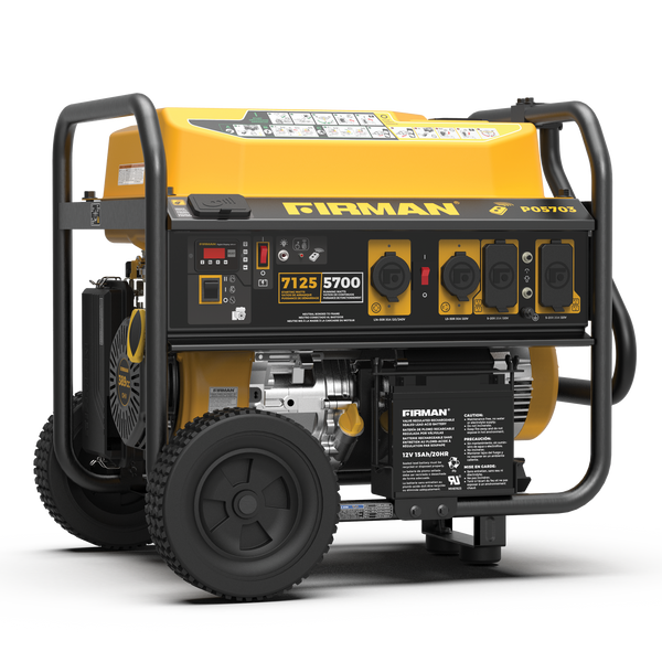 A FIRMAN Power Equipment Gas Portable Generator 7125W Remote Start 120/240V with a yellow casing, model p05703, featuring multiple outlets and a black wheelbase.