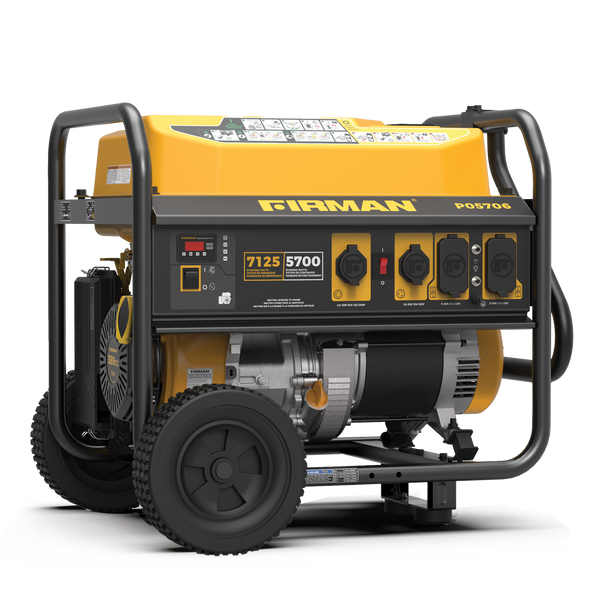 The FIRMAN Power Equipment Gas Portable Generator 7125W Recoil Start 120/240V features a striking yellow and black design, four outlets, and a user-friendly control panel. Engineered for effortless mobility with its two-wheel setup, this generator is the perfect choice for reliable home backup power.