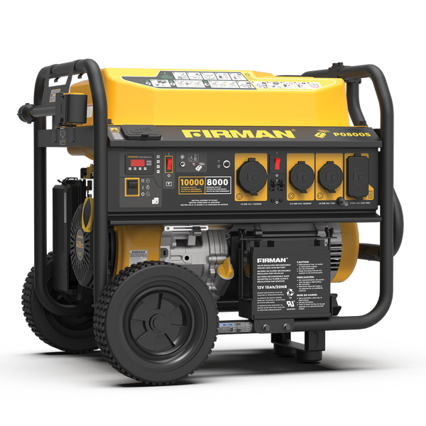 A yellow and black Gas Portable Generator 10000W Remote Start 120/240V with various outlets and control switches, labeled "FIRMAN Power Equipment," offers a power capacity of 10,000 starting watts and 8,000 running watts. Perfect for home backup power or your camper van needs, it’s set on a metal frame with two wheels.