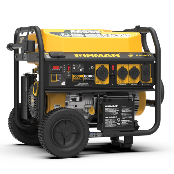 Portable yellow and black FIRMAN Power Equipment Gas Portable Generator 10000W Remote Start 120/240V featuring multiple outlets and a control panel, mounted on a wheeled frame. Perfect for backup power at large RVs or powering job-site equipment.