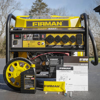 A FIRMAN Power Equipment Gas Portable Generator 11400W Remote Start 120/240V with CO alert and accessories displayed on asphalt, including a bottle of oil, user manual, and other documents.