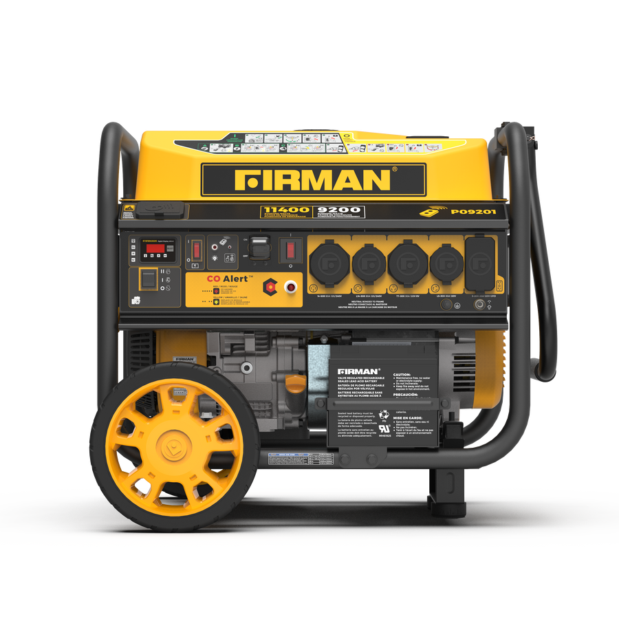 FIRMAN Power Equipment Gas Portable Generator 11400W Remote Start 120/240V with CO alert, yellow and black, with multiple output ports and wheel kit.
