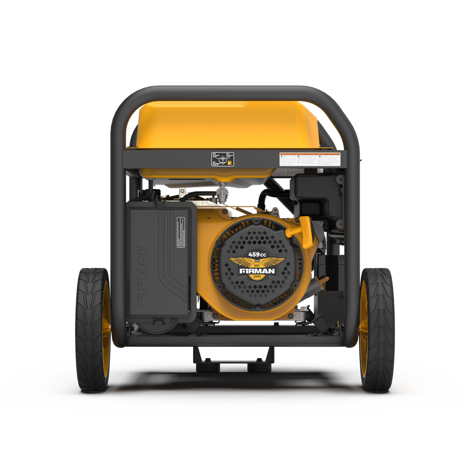 Portable FIRMAN Power Equipment P11400W generator on wheels with a visible engine and control panel, predominantly yellow and black.