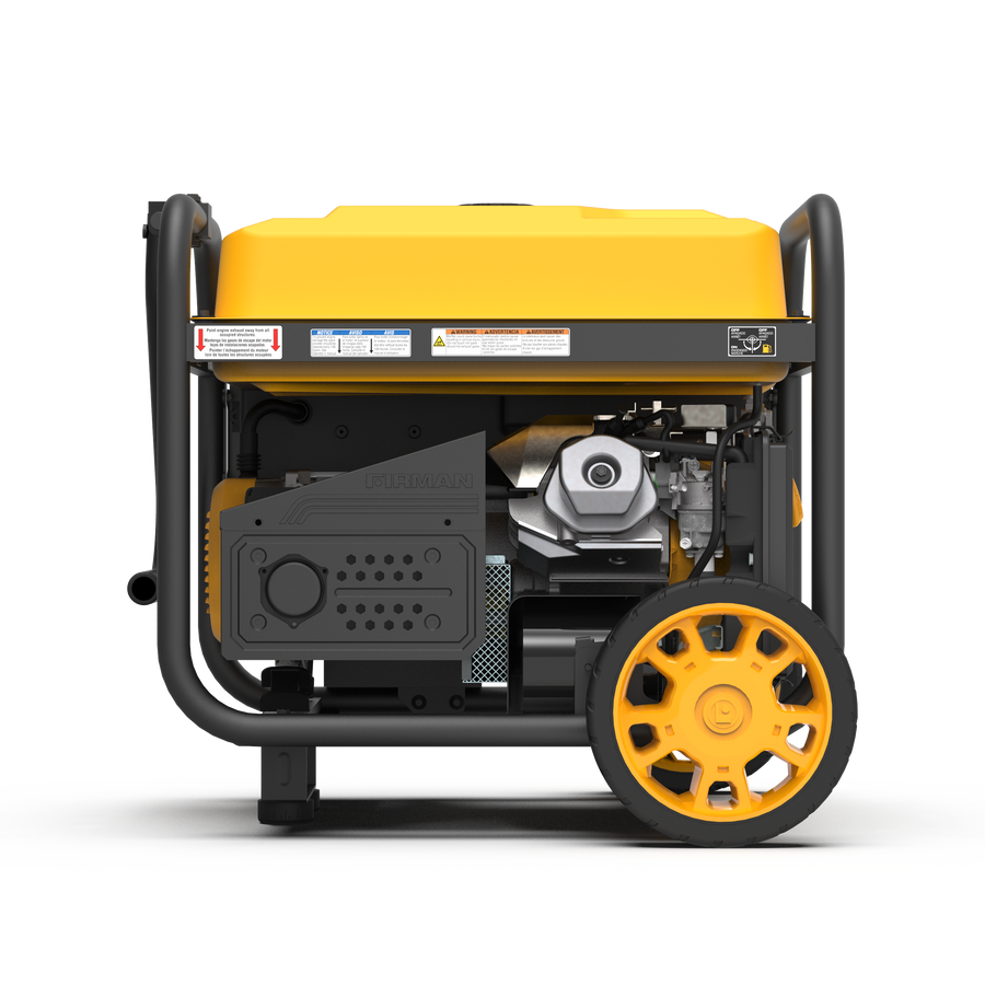 A portable yellow and black FIRMAN Power Equipment Gas Portable Generator 11400W Remote Start 120/240V with CO alert on a silver frame with wheels, isolated on a white background.