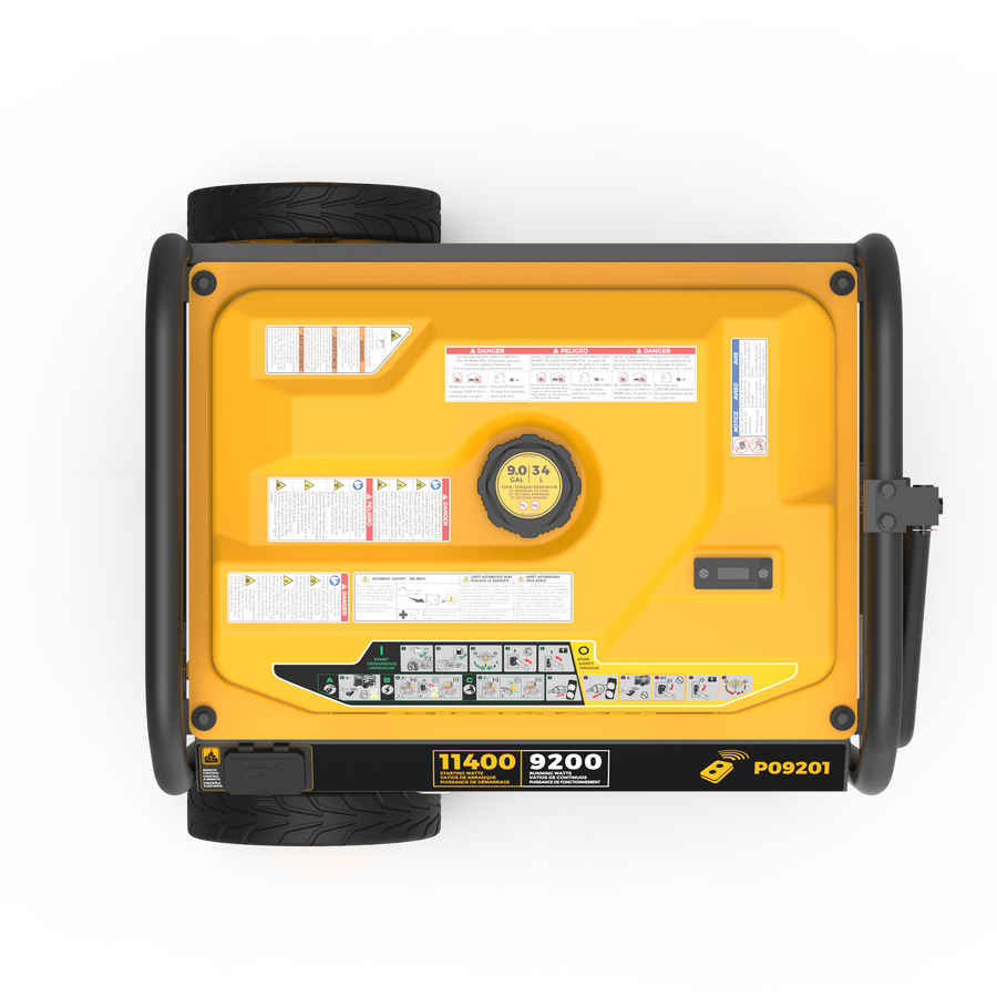 Top-down view of a yellow FIRMAN Power Equipment Gas Portable Generator 11400W Remote Start 120/240V with CO alert with labels, gauges, and instructions on its surface.