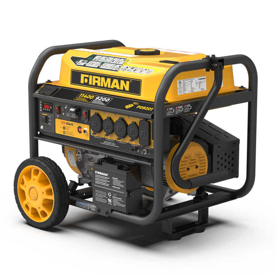 A portable FIRMAN Power Equipment gas generator on a white background, featuring yellow and black colors with multiple outlets and control buttons.